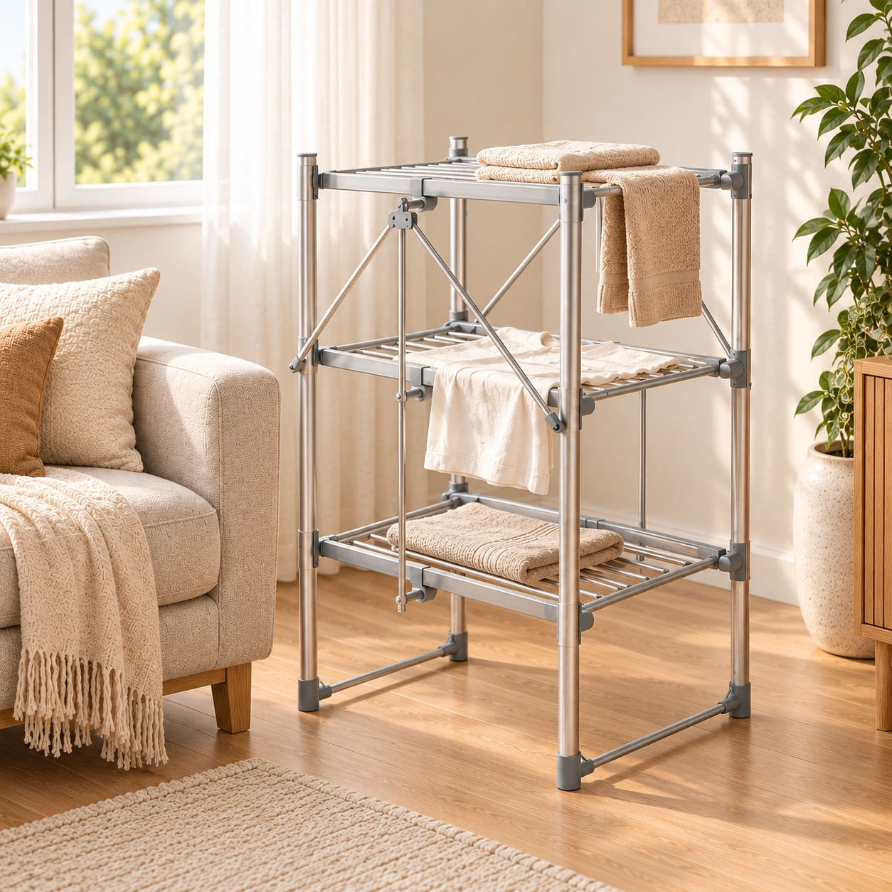 Turmwäscheständer mit ausgelegter Wäsche im Wohnraum